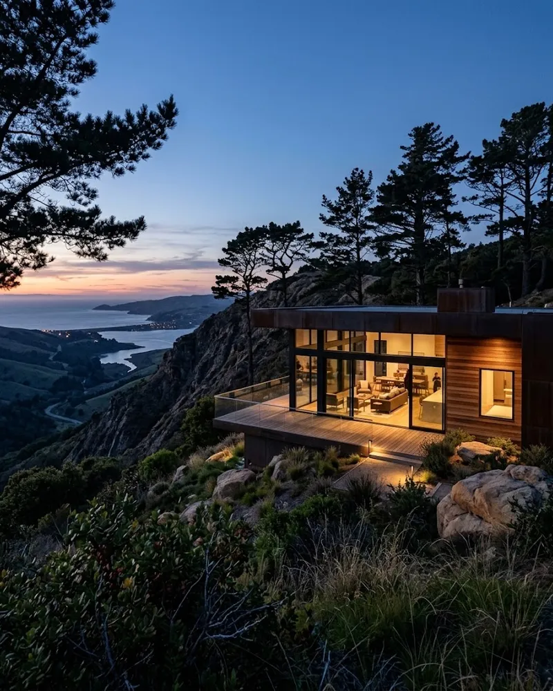 Modern house exterior on a ridge at dusk